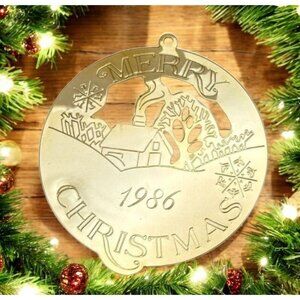 Vintage Brass Merry Christmas Tree Ornament Winter Snowy House Scene 1986